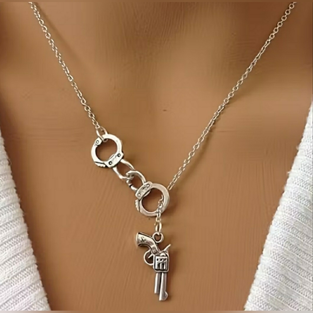 Silver Handcuff and Gun Charm Necklace